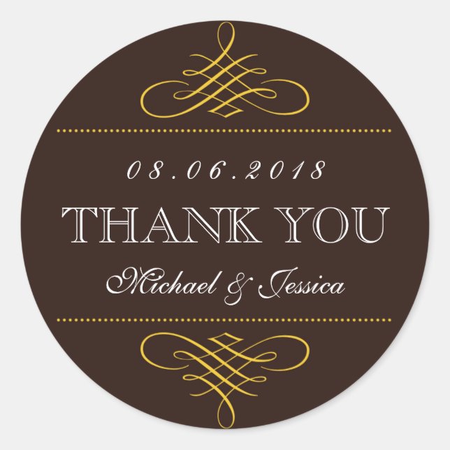 Rustic Brown Swirls Ornament Wedding Stickers (Front)