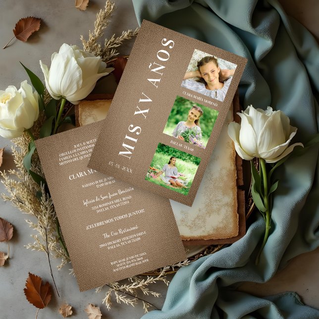 Rustic Brown Textile Quinceañera with 3 Photos (Rustic Brown Quinceañera Invitation with Fabric Texture & 3 Custom Photos Invitations Cards. )