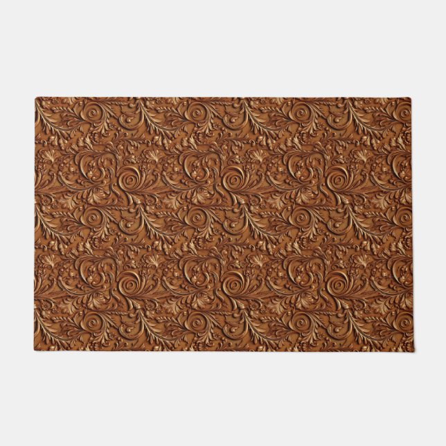 Rustic brown tooled leather doormat (Front)