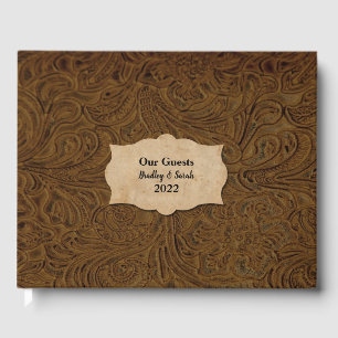 Rustic Brown Tooled Leather (Faux) Personalised Guest Book