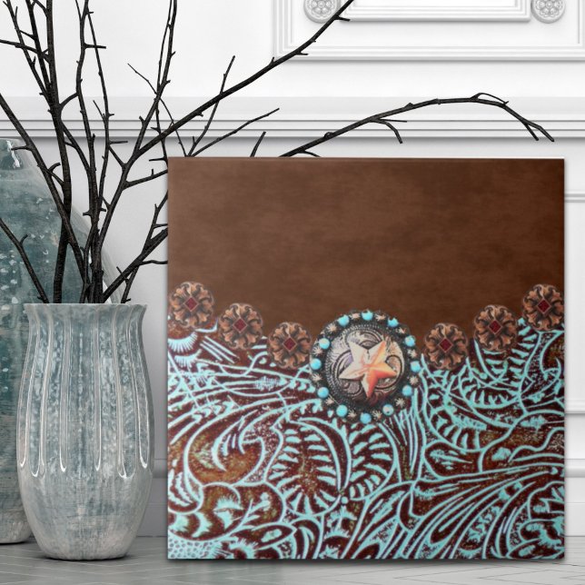 Rustic Brown Turquoise Cowboy  Western Country  Tile (Rustic Brown Turquoise Cowboy Western Country Ceramic Tile)