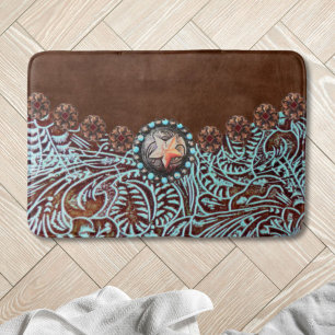 Rustic brown turquoise western country pattern bath mat