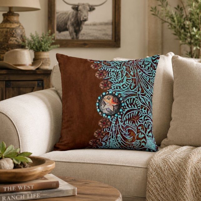 Rustic brown turquoise western country pattern  cushion (Rustic brown turquoise western country pattern throw pillow)