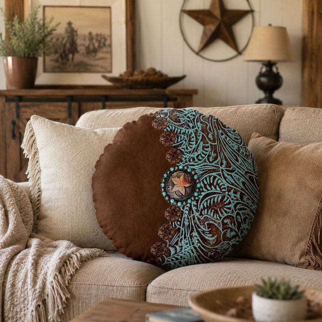 Rustic brown turquoise western country pattern  round cushion (Rustic brown turquoise western country pattern round pillow)