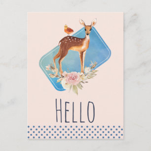 Rustic Brown Watercolor Deer on Peach Hello Postcard