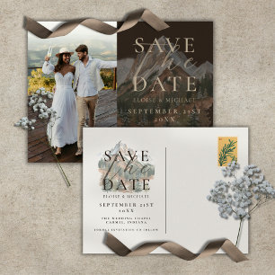 Rustic Brown Watercolor Mountain Photo Wedding Announcement Postcard