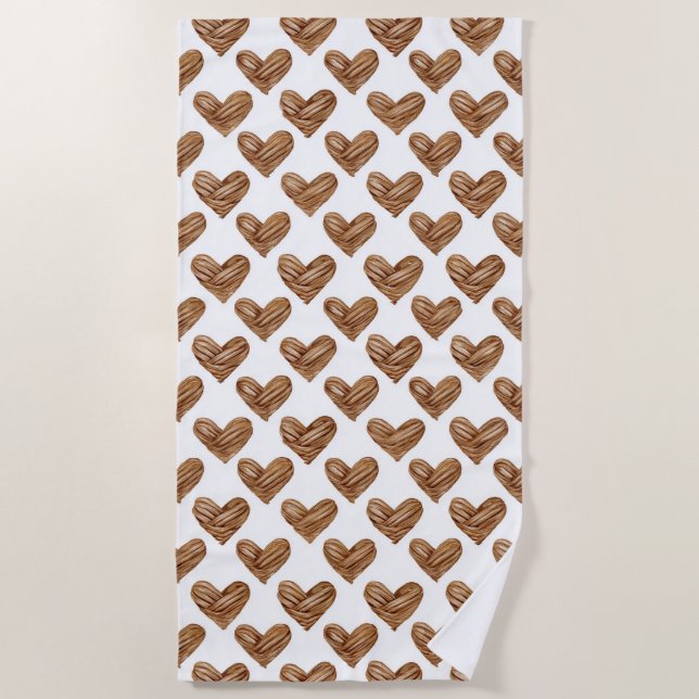 Rustic Brown Weave Hearts Birthday Beach Towel (Front)