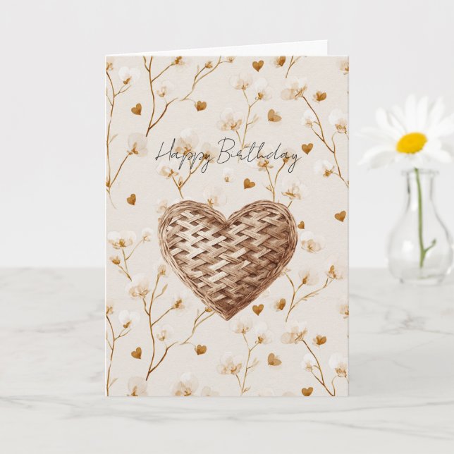 Rustic Brown Weave Hearts Birthday Card (Small Plant)