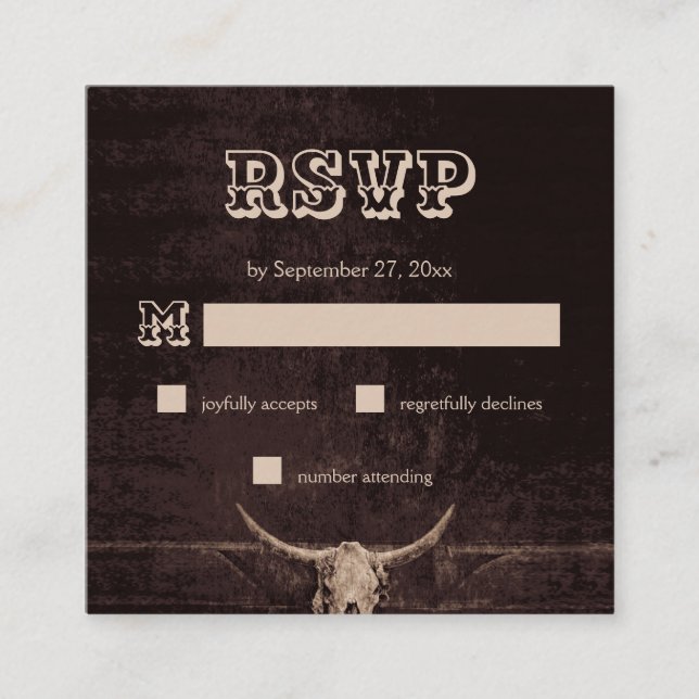 Rustic Brown Western Bull Skull Wedding RSVP Enclosure Card (Front)