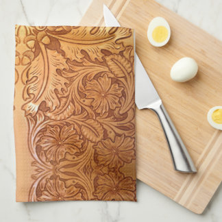 Rustic brown western country leather print tea towel