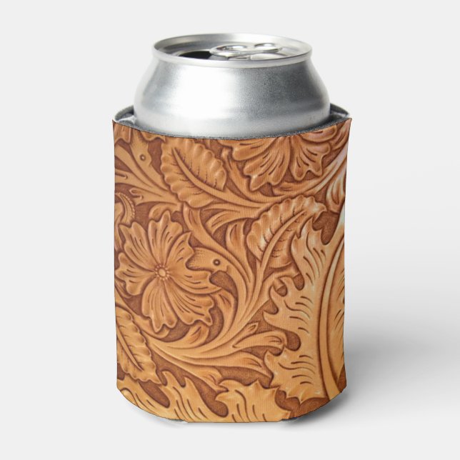Rustic brown western country tooled leather can cooler (Can Front)