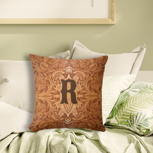 Rustic brown western country tooled leather cushion (Creator Uploaded)