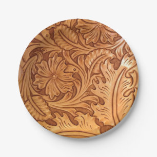 Rustic brown western country tooled leather paper plate