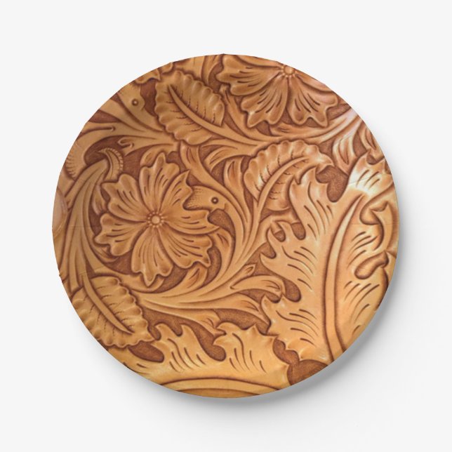 Rustic brown western country tooled leather paper plate (Front)