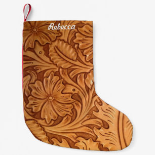 Rustic brown western country tooled leather small christmas stocking