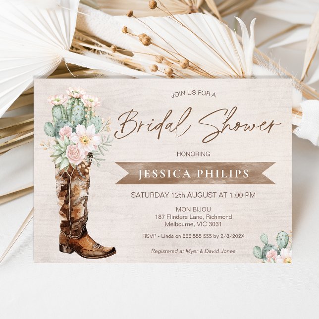 Rustic Brown Western Cowgirl Boot Bridal Shower Invitation (Rustic Boho Beige Boot Brunch Bridal Shower Invitation Template, Cowgirl Boot Bridal Shower Invite)