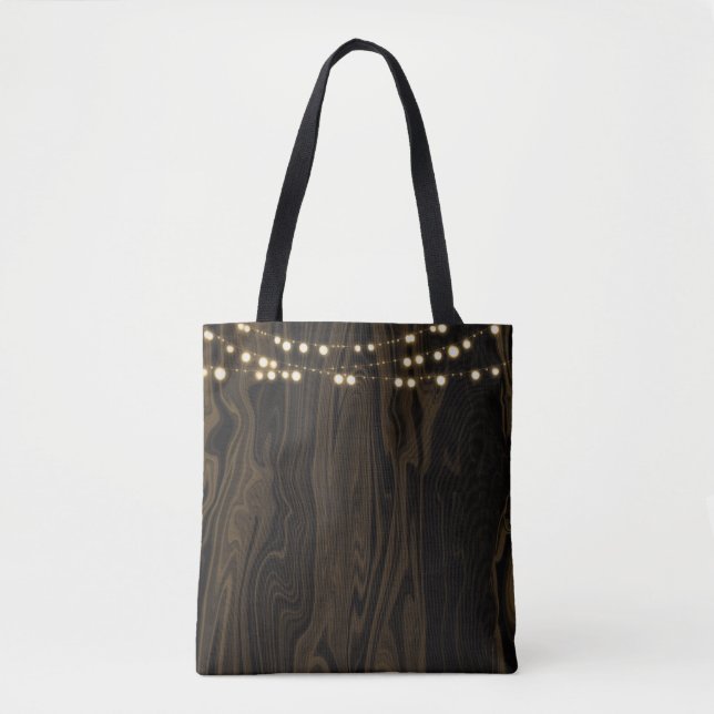 Rustic Brown Whimsical Wood String Lights Tote Bag (Front)
