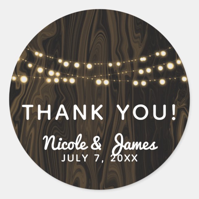 Rustic Brown Whimsical Wood String Lights Wedding Classic Round Sticker (Front)