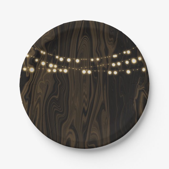 Rustic Brown Whimsical Wood String Lights Wedding Paper Plate (Front)