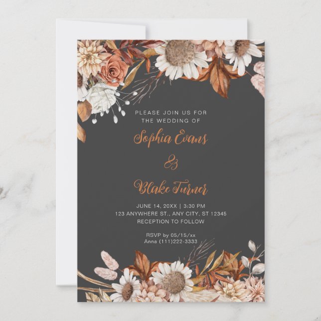 Rustic Brown White Flowers Boho Grey Wedding Invitation (Front)