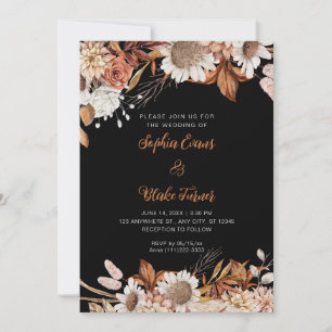 Rustic Brown White Flowers Boho Grey Wedding Invitation
