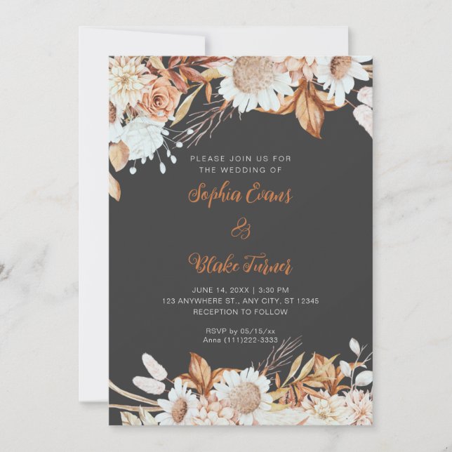 Rustic Brown White Flowers Boho Grey Wedding Invitation (Front)