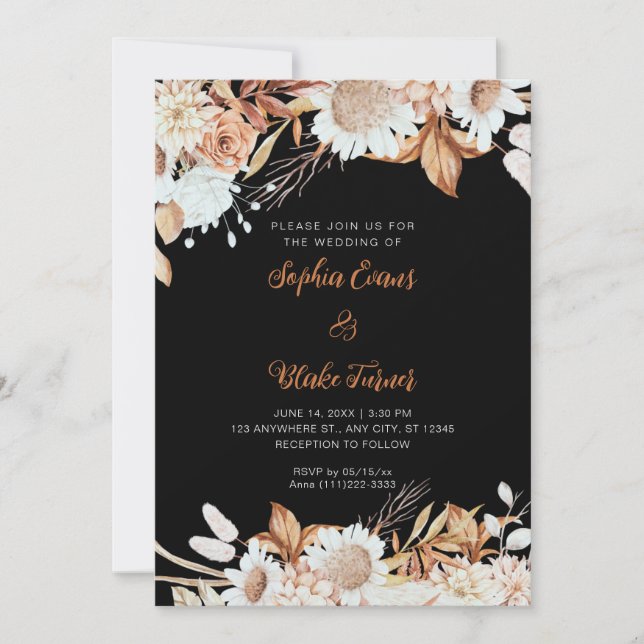 Rustic Brown White Flowers Boho Grey Wedding Invitation (Front)
