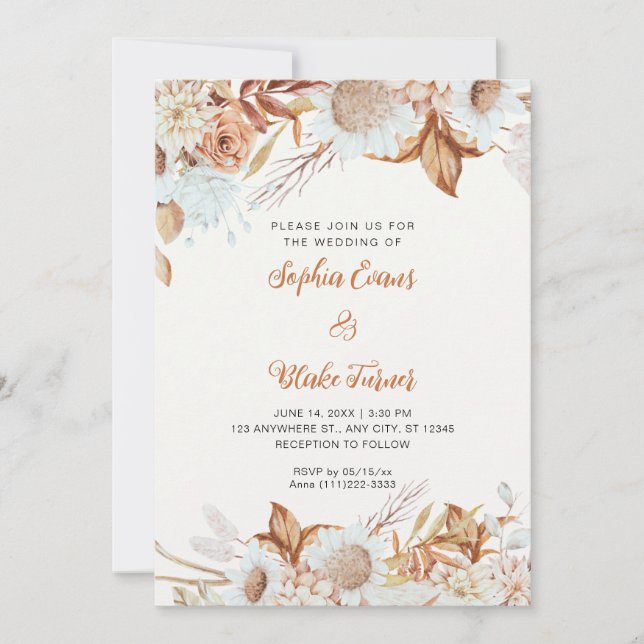 Rustic Brown White Flowers Boho Off White Wedding Invitation (Front)
