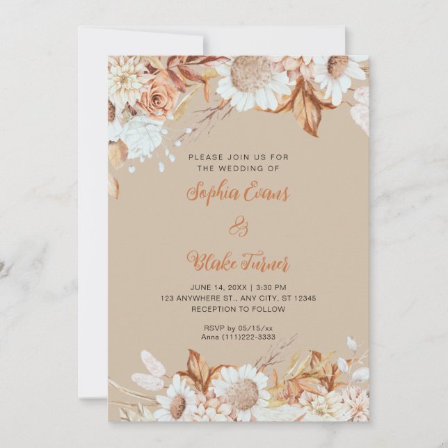 Rustic Brown White Flowers Boho Vanilla Wedding Invitation (Front)