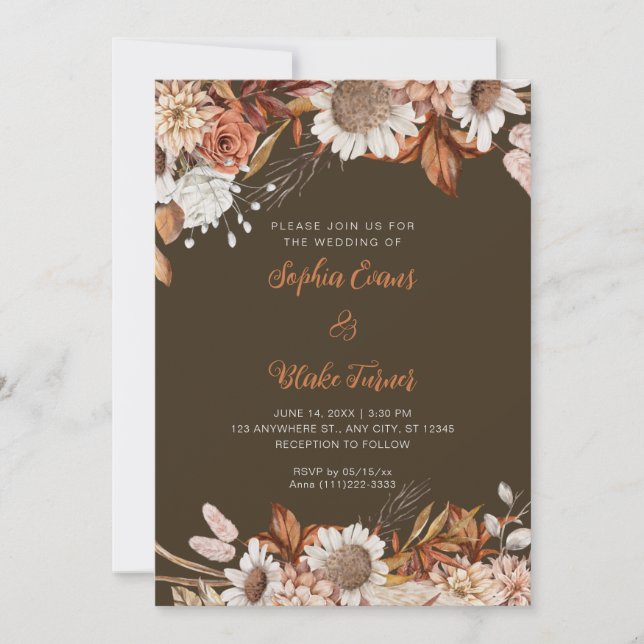 Rustic Brown White Flowers Boho Wood Brown Wedding Invitation (Front)