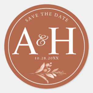 Rustic Brown White Monogram Save the Date Wedding  Classic Round Sticker