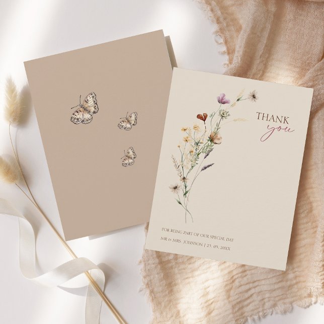 Rustic Brown Wildflowers and Butterflies Wedding Thank You Card (Rustic Brown Wildflowers and Butterflies Wedding Thank You Card)