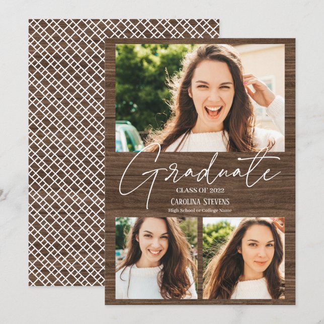 Rustic brown wood 3 photos collage graduation announcement (Front/Back)