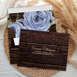 Rustic Brown Wood Blue Floral RSVP Return Envelope