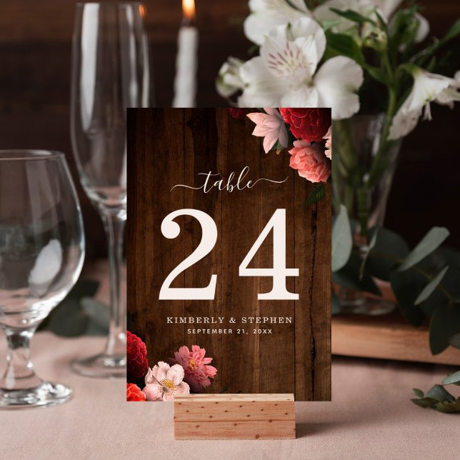 Rustic Brown Wood Boho Coral Floral Table Number (Rustic wood floral watercolor table number for your reception decor features elegant design.)