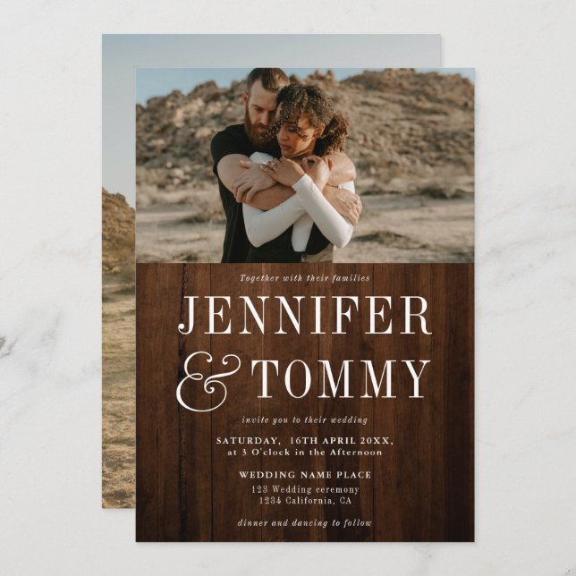 Rustic brown wood bold fall photo wedding invitation (Front/Back)