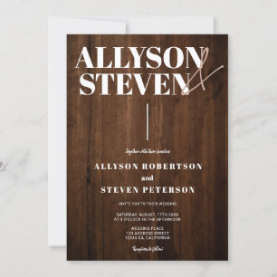 Rustic brown wood bold modern names photo wedding invitation