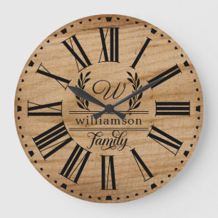 Rustic Brown Wood Custom Family Name Farmhouse  Large Clock