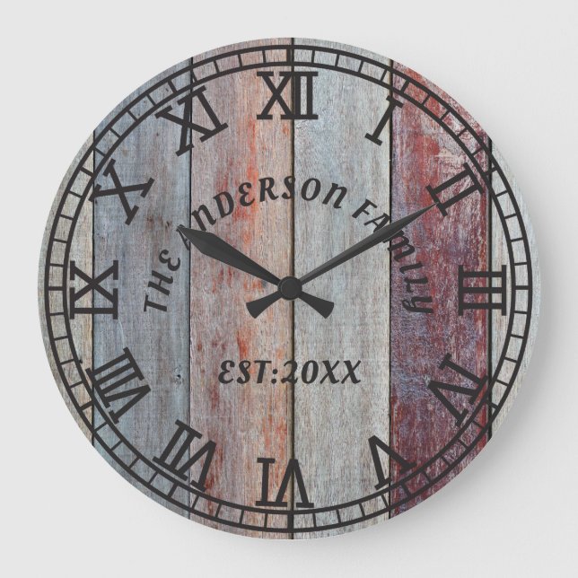 Rustic Brown Wood Custom Family Name  Large Clock (Front)