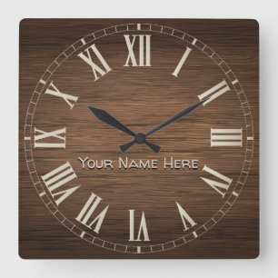 Rustic Brown Wood Custom Name Square Wall Clock