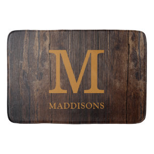 Rustic Brown Wood Family Custom Name Farmhouse Bath Mat