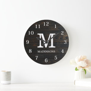 Rustic Brown Wood Family Custom Name Farmhouse Large Clock