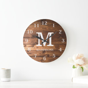 Rustic Brown Wood Family Custom Name Farmhouse Large Clock