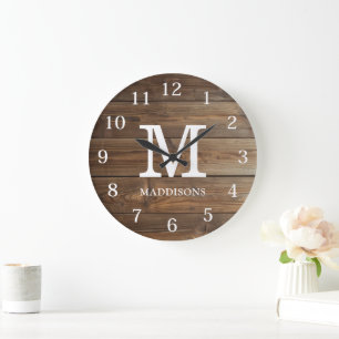 Rustic Brown Wood Family Custom Name Farmhouse Large Clock