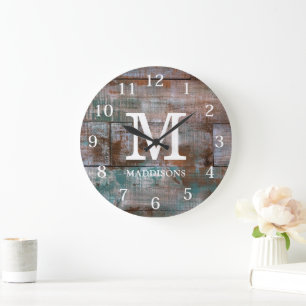 Rustic Brown Wood Family Custom Name Farmhouse Large Clock