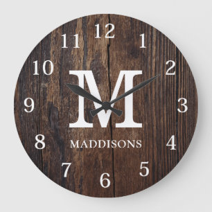 Rustic Brown Wood Family Custom Name Farmhouse Large Clock