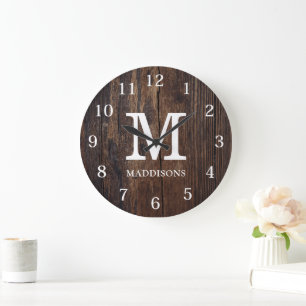 Rustic Brown Wood Family Custom Name Farmhouse Large Clock
