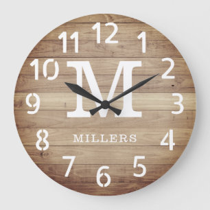 Rustic Brown Wood Family Name Monogram Farmhouse Large Clock