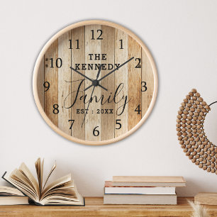 Rustic Brown Wood Farmhouse Family Name Clock