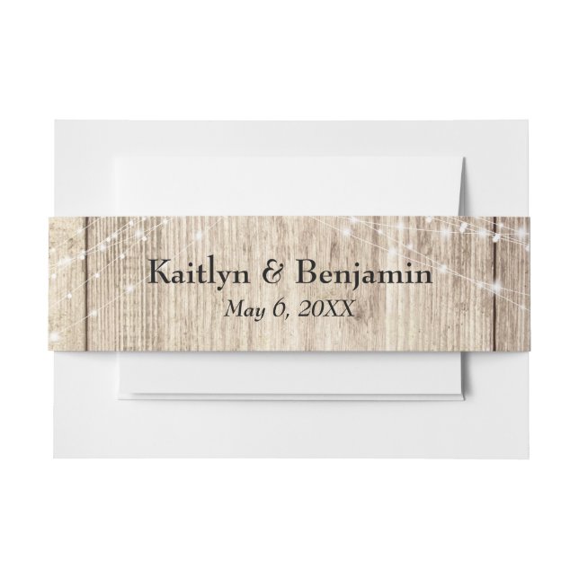 Rustic Brown Wood & Light Strings Personalised Invitation Belly Band (Front Example)
